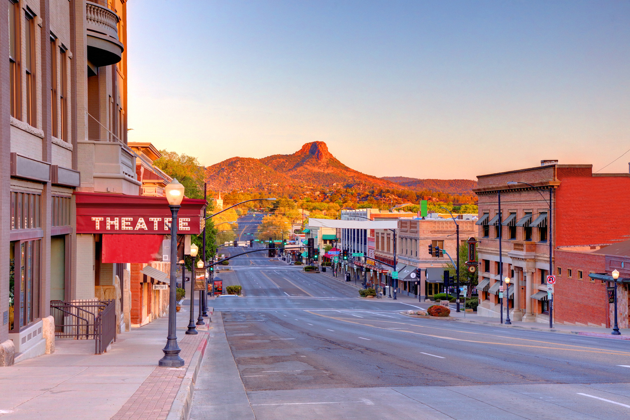 Downtown Prescott, Arizona with Thumb Butte in the background